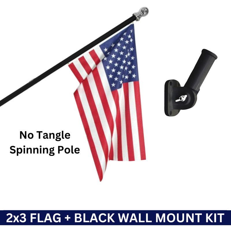 2x3 Dura-Star Embroidered American Flag + Black No Tangle Aluminum No-Rust Pole & Wall Mount Bracket Kit