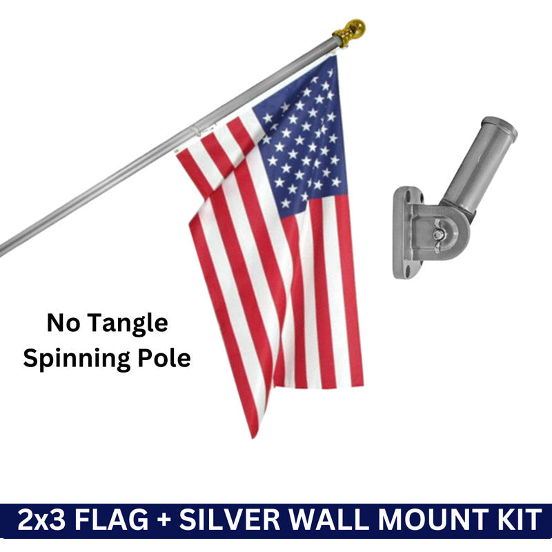 2x3 Dura-Star Embroidered American Flag + Silver No Tangle Aluminum No-Rust Pole & Wall Mount Bracket Kit