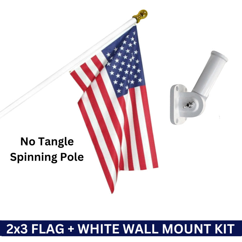 2x3 Dura-Star Embroidered American Flag + White No Tangle Aluminum No-Rust Pole & Wall Mount Bracket Kit