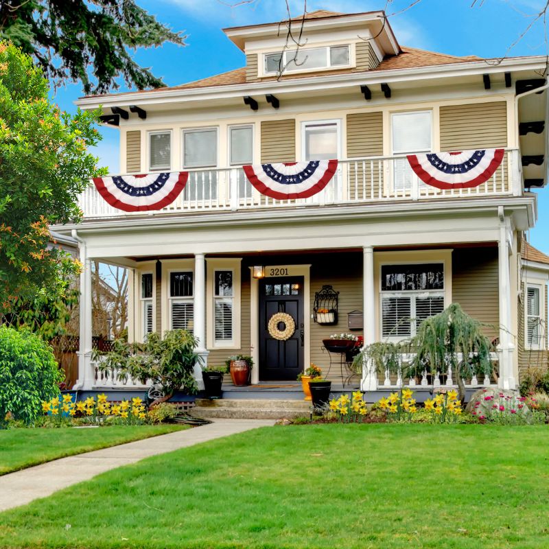 Patriotic Embroidered Pleated Bunting Displayed on House