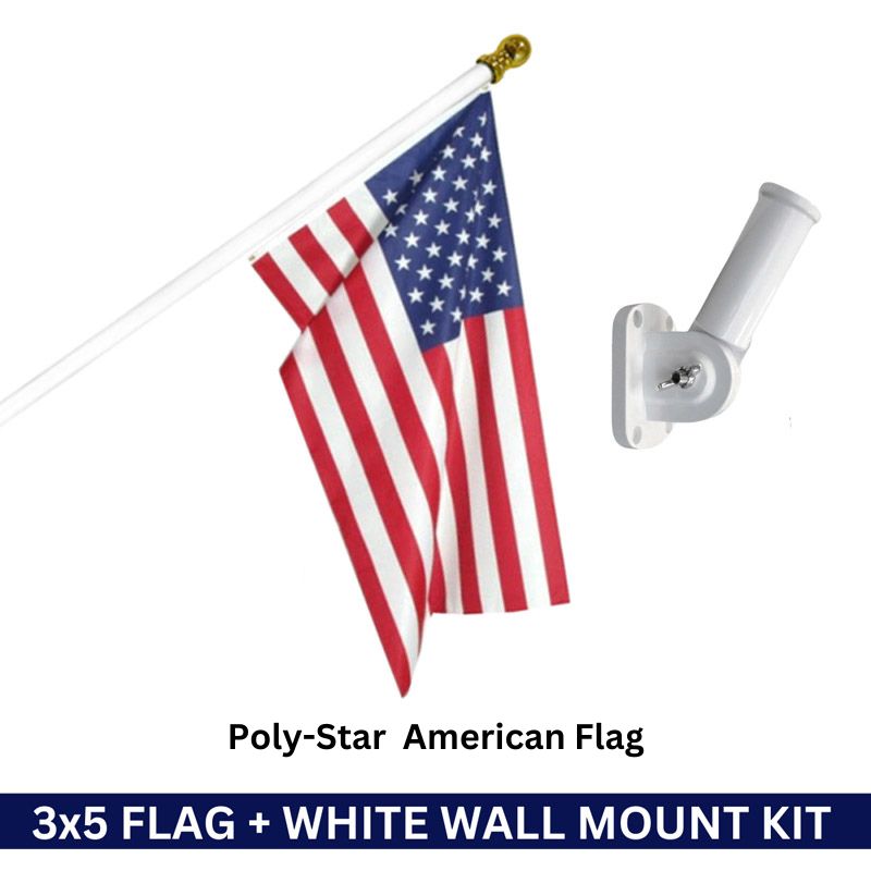 3x5 Poly-Star American Flag + White No Tangle Aluminum No-Rust Pole & Wall Mount Bracket Kit