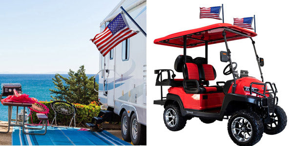 RV With American Flag and Golf Cart with American Flag