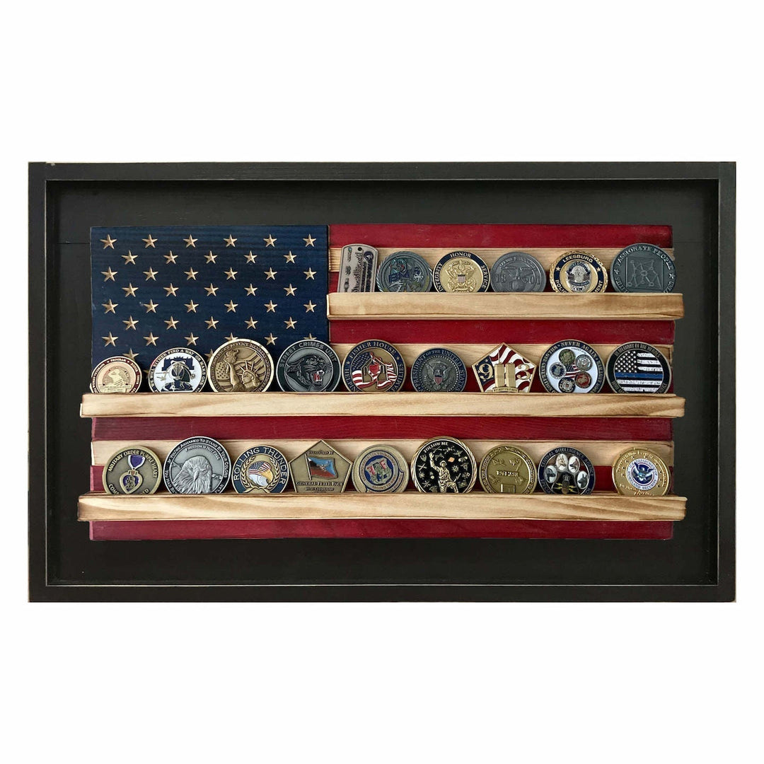 Flags of Valor Challenge Coin Holder American Flag Brown Frame